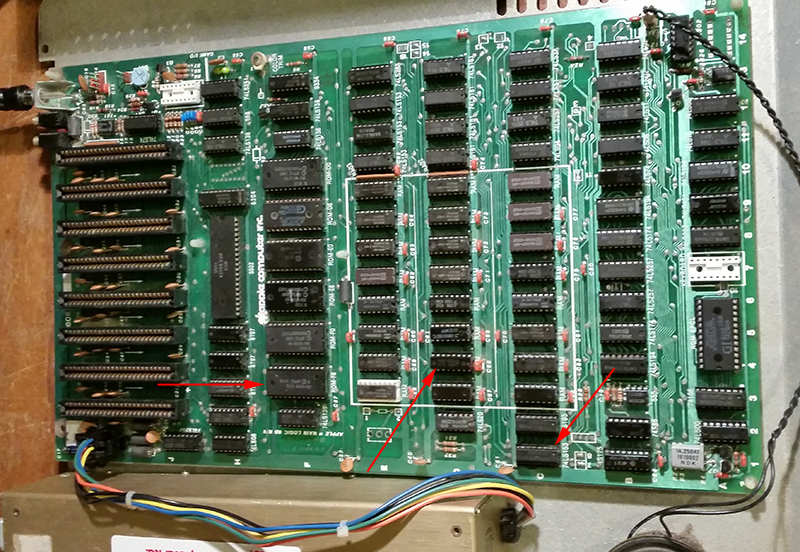 Apple II+ board showing location of faulty ICs